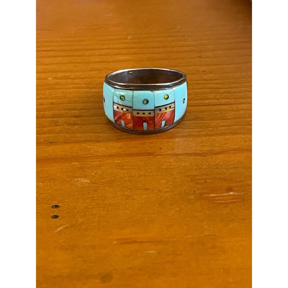 Sterling Silver Turquoise Opal Pueblo Village Inlay Statement Ring